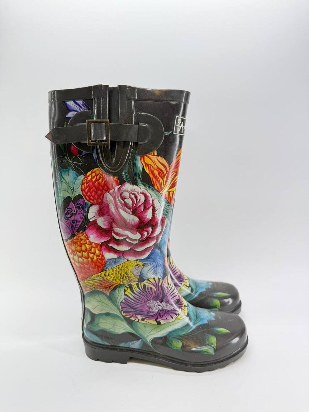 Anuschka 3200-VBQ Women’s Size 6 Floral Bird Tall Rain Boots Black
